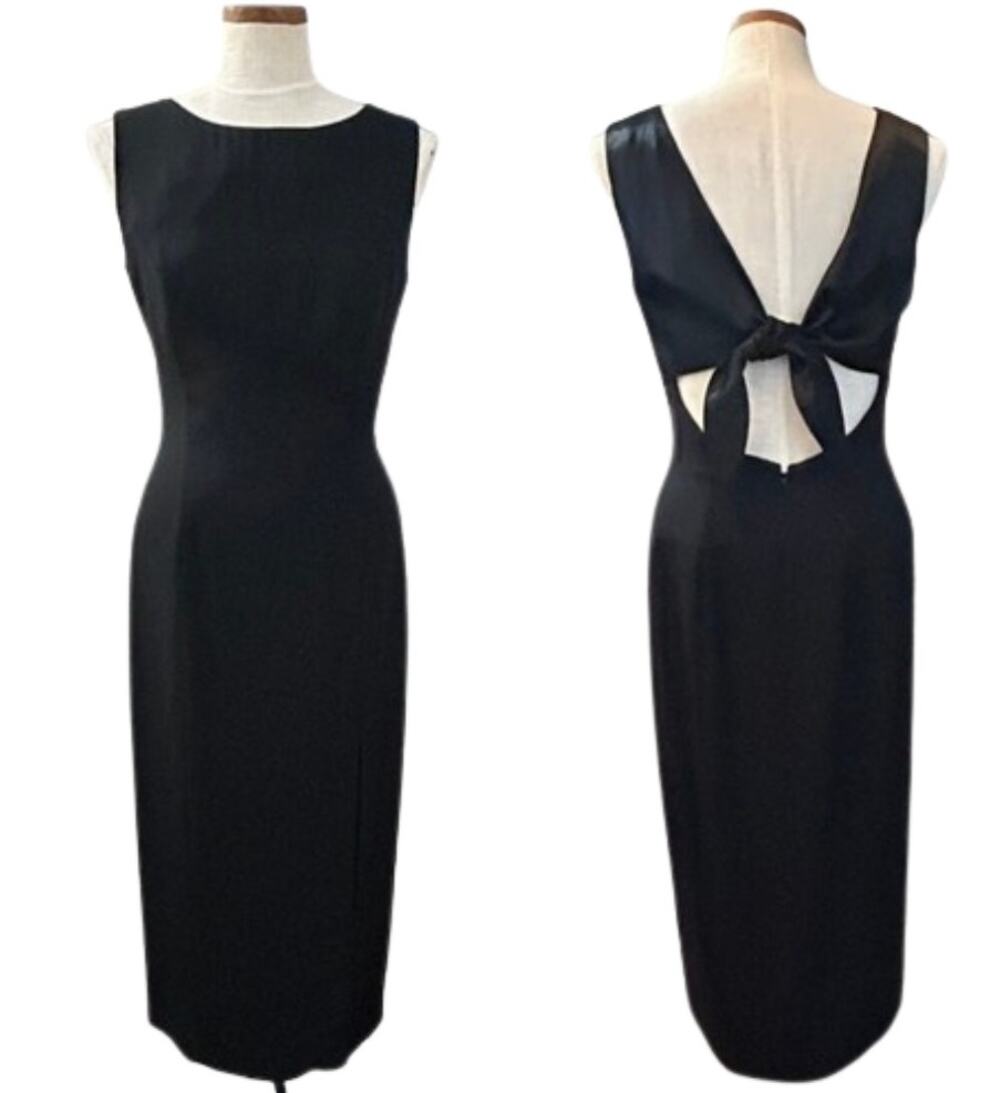 Vintage 90s Donna Ricco Open Back Bow Tie Black Midi Dress SIZE 10 USA Slit Sexy